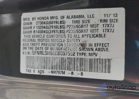 2014 Honda Odyssey Ex-L from USA, damaged, VIN 5FNRL5H68EB057592